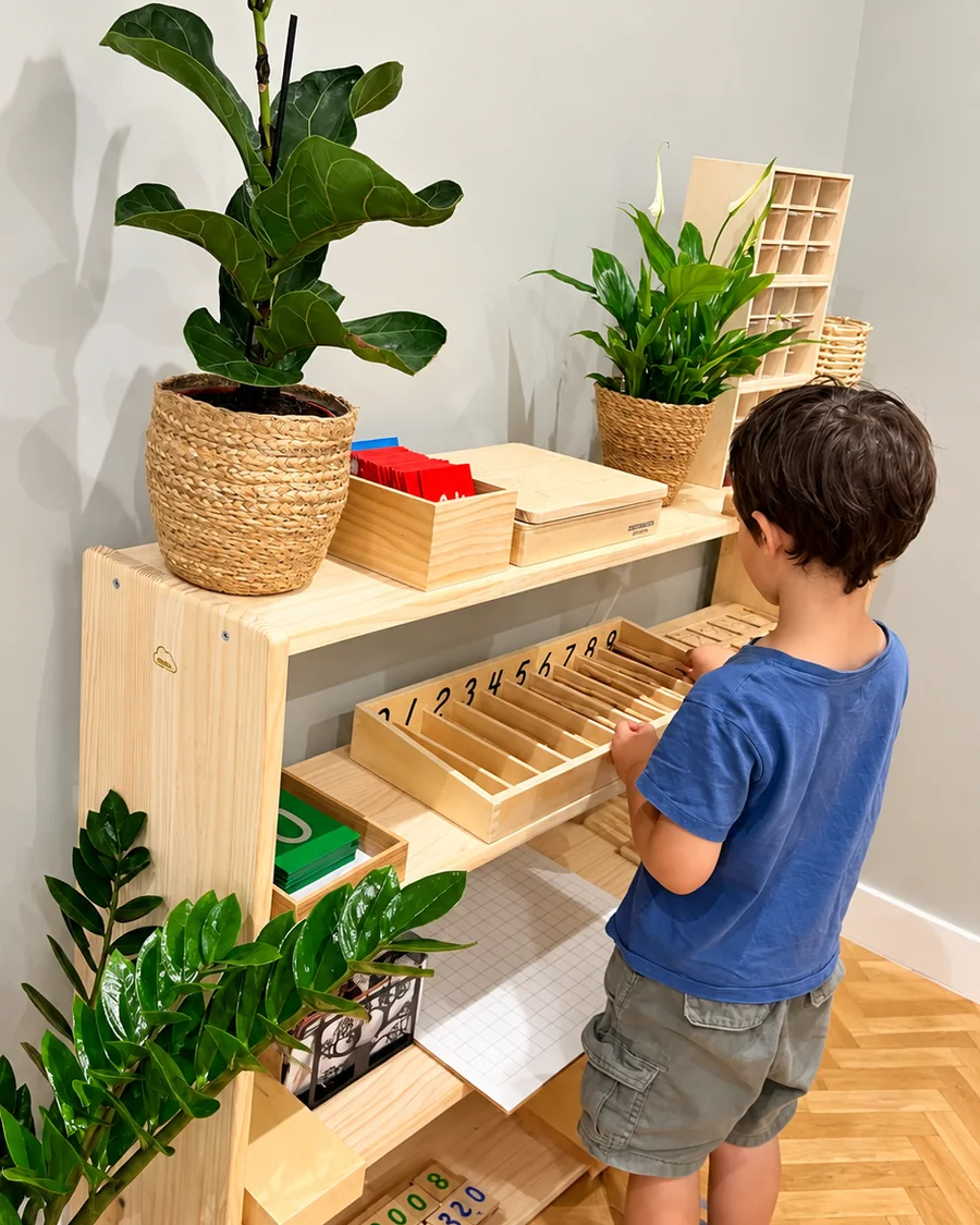 Niño trabajando de forma autónoma con materiales Montessori en un ambiente preparado